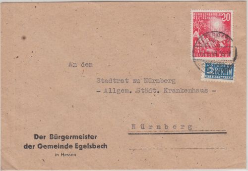 BRD - 20 Pfg. Bundestag + Notopfer Brief Egelsbach - Nürnberg 1949