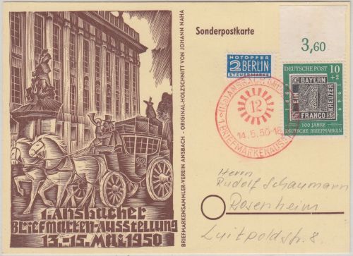 BRD - 10 Pfg. 100 J. Dt. Briefmarke Oberrand Sonderkarte + SST Ansbach 1950