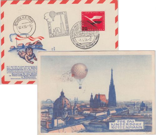 BRD - 20 Pfg. Lufthansa Ballonpostkarte Kinderdorf Rottenmann Lorch 1955
