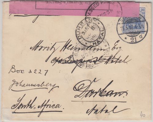 DR - 20 Pfg Germania Zensurbrief n. SÜDAFRIKA Berlin - Durban 1902 Weiterleitung