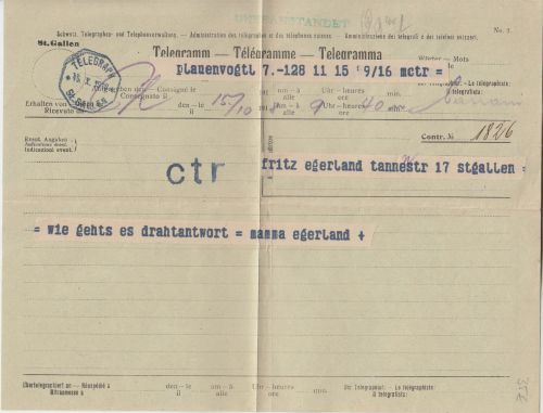 Schweiz/DR - St. Gallen 1918 Telegramm aus Plauen mit Tickerzensur "ctr"
