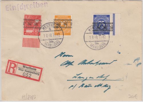 Bizone - 75 Pfg Ziffer/Band u.a. Einschreibebrief Westheim ü. Hammelburg 1.8.48