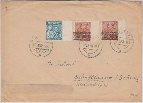 Bizone - Kölner Dom/Arbeiter-Band 12+2x24 Pfg. Brief i.d. SCHWEIZ 23.8.48
