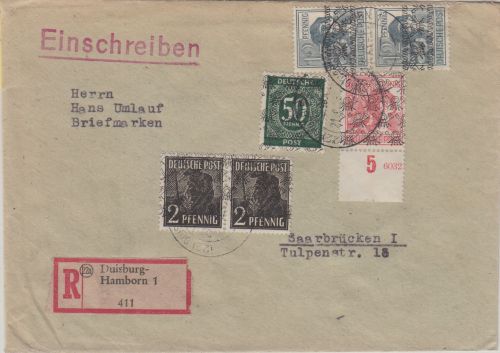 Bizone - 50 Pfg. Ziffer/Netz u.a. Einschreibebrief Duisburg-Hamborn 21.8.48
