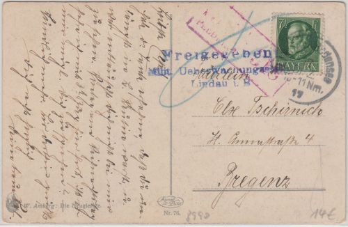 Bayern - Lindau 1917 bleuer Zensur-L3 + Zensur Ra3 Feldkirch Karte n. ÖSTERREICH