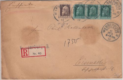 Bayern - 25+3x5 Pfg. Luitpold Einschreibebrief Wasserburg a/B. - Eisenach 1913