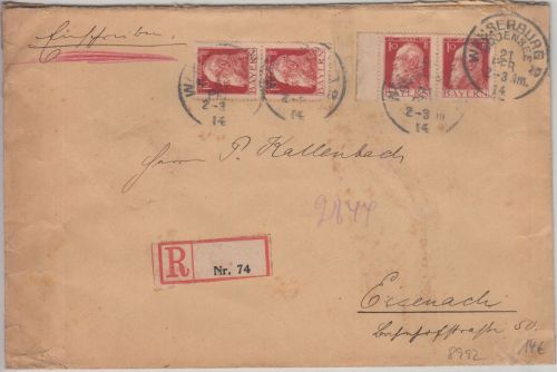 Bayern - 4x10 Pfg. Luitpold Einschreibebrief Wasserburg a/B. - Eisenach 1914