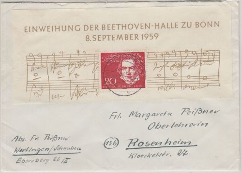 BRD - 20 Pfg. ex Beethoven-Block Brief Wertingen - Rosenheim 1960