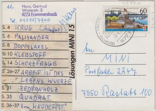 BRD - 60 Pfg. Koblenz/ohne Fluoreszenz Karte Frammersbach - Rastatt 1992