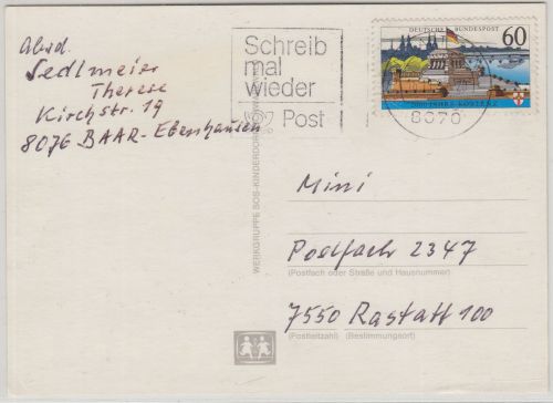 BRD - 60 Pfg. Koblenz/ohne Fluoreszenz Karte Ingolstadt - Rastatt 1992