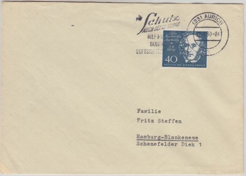 BRD - 40 Pfg. ex Beethoven-Block Brief Aurich - Hamburg 1960