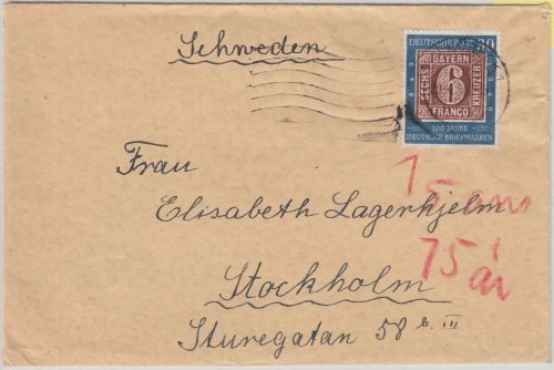 BRD - 30 Pfg. 100 J. Dt. Briefmarke Brief n. SCHWEDEN Lübeck - Stockholm 1950