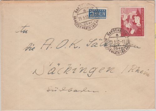 BRD - 20 Pfg. Bundesjugendplan Brief Postst. I Bardenberg ü. Herzogenrath 1952