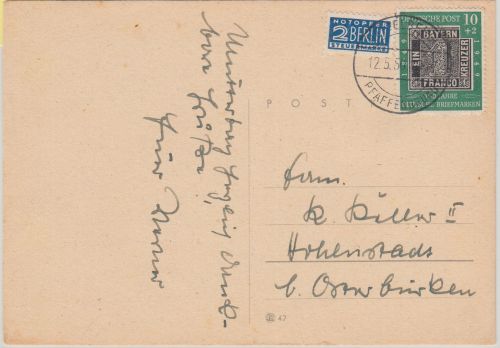 BRD - 10 Pfg. 100 J. Dt. Briefmarke Karte Heidelberg-Pfaffengrund 1950