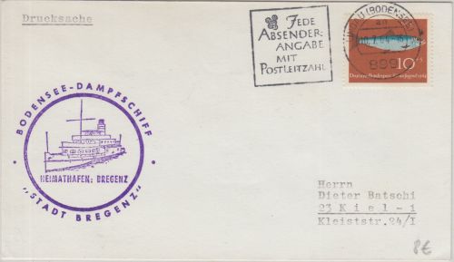 BRD - Schiffspost Bodensee "Stadt Bregenz" Cachet Drucksache Lindau 1964