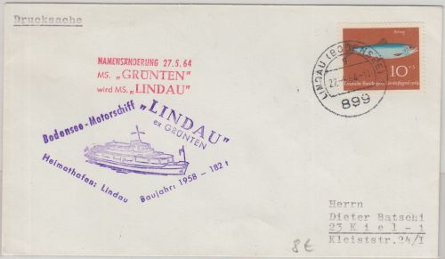 BRD - Schiffspost Bodensee "MS Lindau/ ex Grünten" Cachet Drucksache Lindau 1964