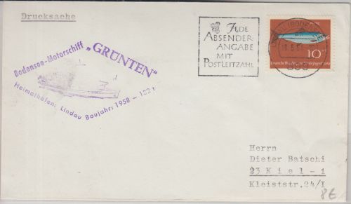 BRD - Schiffspost Bodensee "MS Grünten" Cachet Drucksache Lindau 1964