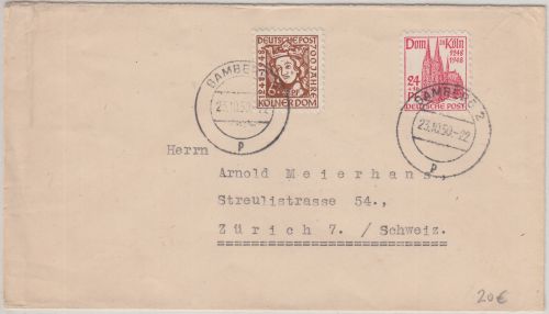 Bizone - 24+6 Pfg. 700 J. Kölner Dom Brief i.d. SCHWEIZ Bamberg - Zürich 1950