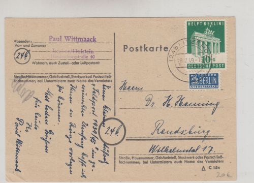 Bizone - 10 Pfg. Berlin-Hilfe + Notopfer Karte (24b) Itzehoe - Rendsburg 1949