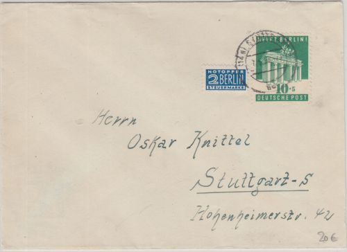 Bizone - 10 Pfg. Berlin-Hilfe + Notopfer Ortsbrief Stuttgart 1950