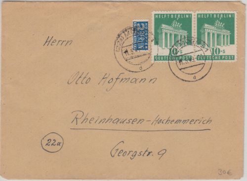 Bizone - 10 Pfg. Berlin-Hilfe waagr. Paar+ Notopfer Brief Moers Rheinhausen 1949