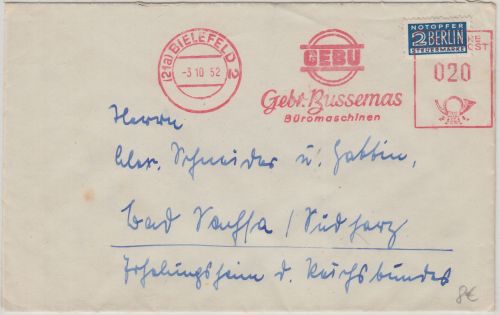 BRD - "Bussemas Büromaschinen" 20 Pfg. AFS + Notopfer Brief Bielefeld 1952