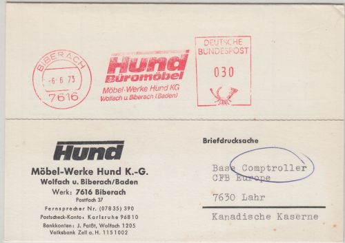 BRD - "Hund Büromöbel" 30 Pfg. AFS Karte Biberach - Lahr/CFB Europe 1973