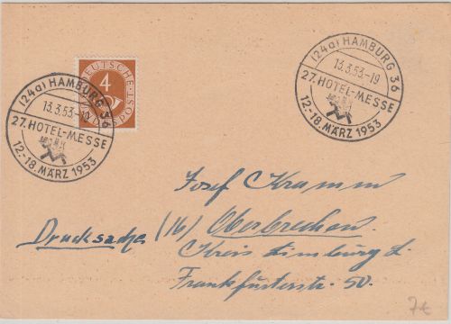 BRD - 27. Hotel-Messe 1953 SST Hamburg 36 Drucksachenkarte n. Oberbrechen
