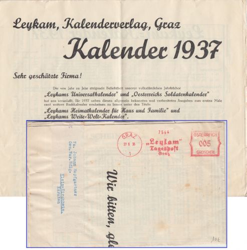 Österreich - Leykam Tagespost 5 Gr. AFS Faltdrucksache Graz - Kl. Kirchheim 1936