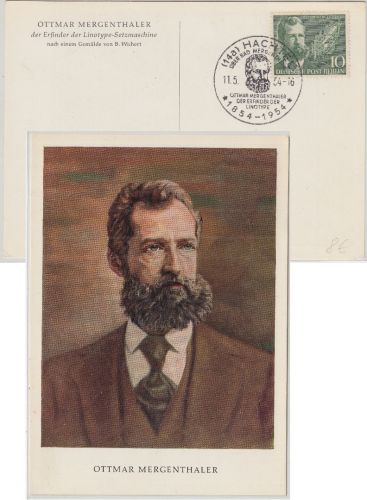 BRD (Berlin) - Ottmar Mergenthaler Sobderkarte + SST Hachtel 1954