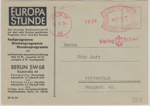 DR - Verlag Scher (Europa Stunde) 3 Pfg. AFS Drucksache Berlin - Bitterfeld 1934