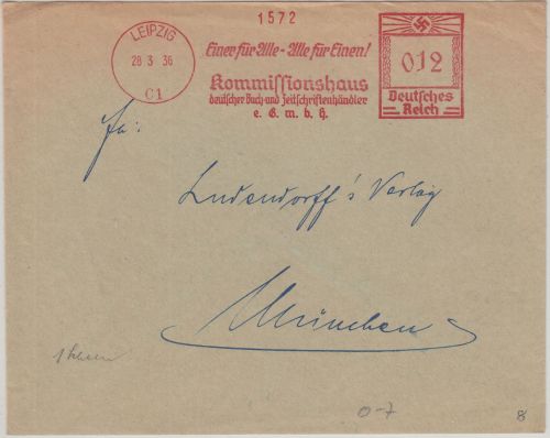 DR - "Einer für Alle - Alle für Einen" 12 Pfg. AFS Brief Leipzig - München 1936