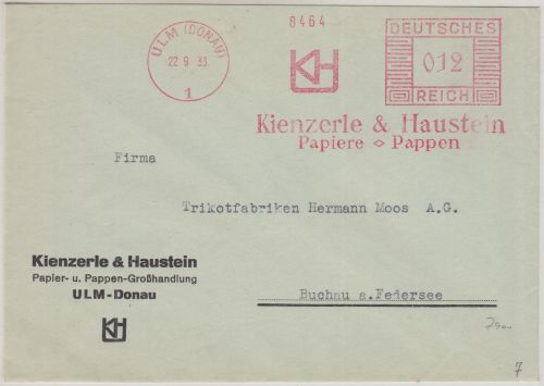 DR - "Kienzerle&Haustein Papiere-Pappen" 12 Pfg. AFS Brief Ulm - Buchau 1933