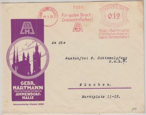 DR - "Für guten Druck - Concentrafarben" 12 Pfg. AFS Brief Ammendorf 1935