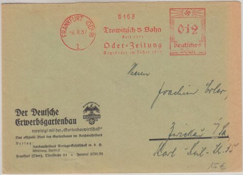 DR - "Oder-Zeitung" 12 Pfg. AFS Brief Frankfurt a/O. - Zwickau 1937