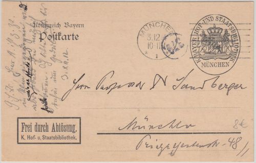 Bayern - K.Hof- u. Staatsbibliothek Frei d. Ablösung Ortskarte München 1914