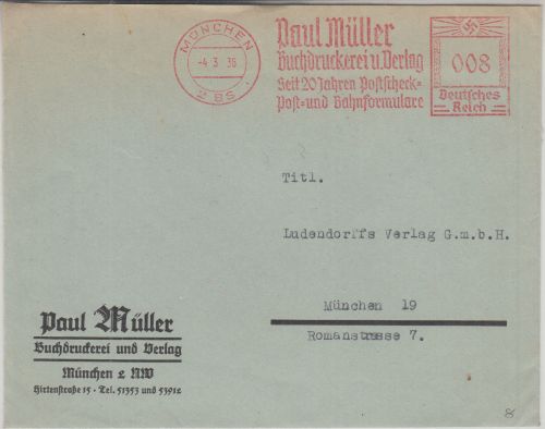DR - Paul Müller Verlag Postformulare 8 Pfg. AFS Ortsbrief München 1936