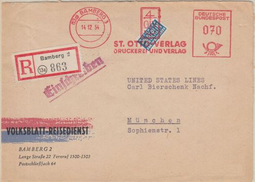 BRD - St. Otto Verlag 70 Pfg. AFS+Notopfer Einschreibebrief Bamberg München 1954