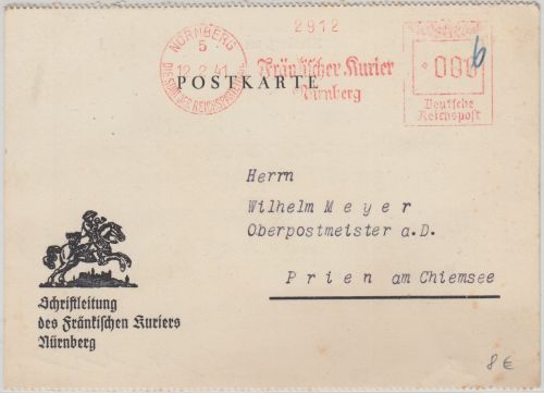 DR - Fränkischer Kurier 6 Pfg. AFS illustr. Karte Nürnberg - Prien 1941