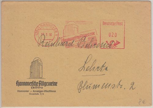 BRD - Hannoversche Allgemeine 20 Pfg. AFS illustr. Brief Hannover - Lehrte 1950