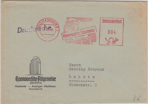 BRD - Hannoversche Allgemeine 4 Pfg AFS illustr. Drucksache Hannover Lehrte 1950