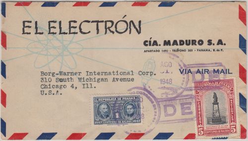 Panama - 5 C. Feuerwehr-Denkmal u.a. Luftpostbrief n. USA Panama 1948