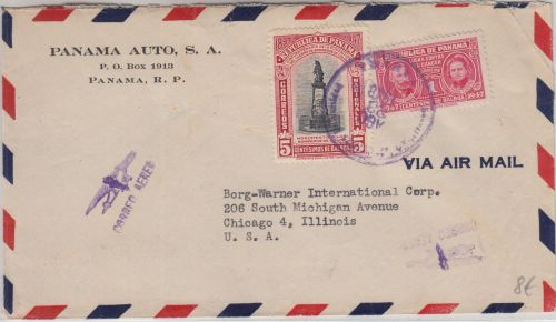 Panama - 5 C. Feuerwehr-Denkmal u.a. Luftpostbrief n. USA Panama 1948