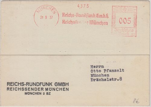 DR - Reichs-Rundfunk GmbH Reichssender München 5 Pfg. AFS Ortskarte 1937