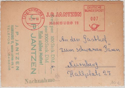BRD - J.P.Jantzen Hamburg 11 7 Pfg. AFS Werbedrucksache (Ansichtskarten) 1959