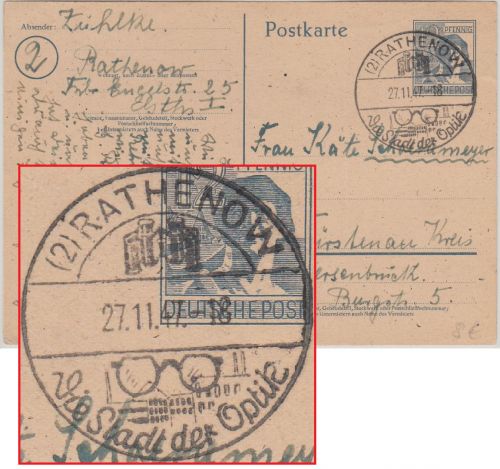 All.Bes. - (2) Rathenow Die Stadt der Optik 1947 Handwerbestempel Ganzsache 1947
