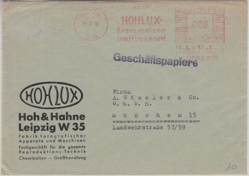 DR - Hohlux Erzeugnisse 8 Pfg. AFS Geschäftspapiere n. München 1943