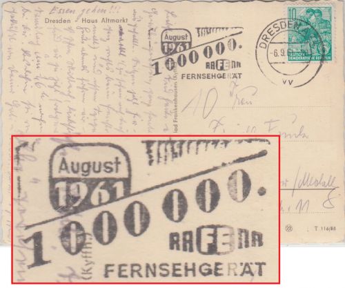 DDR - "1.000.000 Rafena Fernsehgerät" Masch.werbestempel Karte Dresden 1961