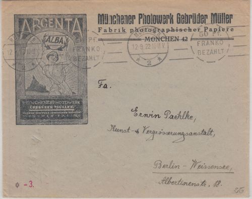 DR-Infla - München 50 Pfg. Franko bezahlt Drucksache n. Berlin 1922
