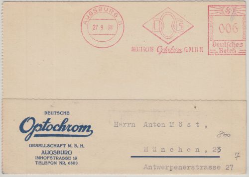 DR - Deutsche Optochrom GmbH 6 Pfg. AFS Karte Augsburg - München 1938